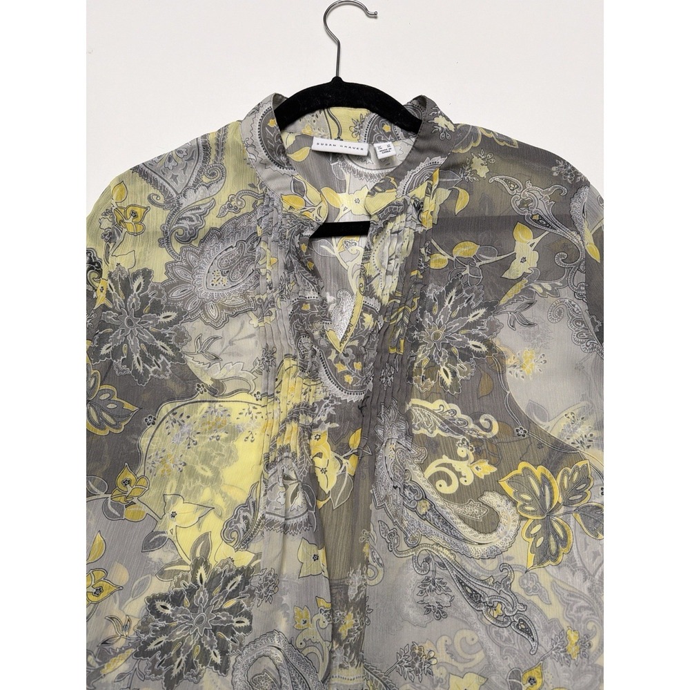 Susan Graver Blouse L‎ Yellow Gray Paisley Sheer Peasant Boho Top.       5193